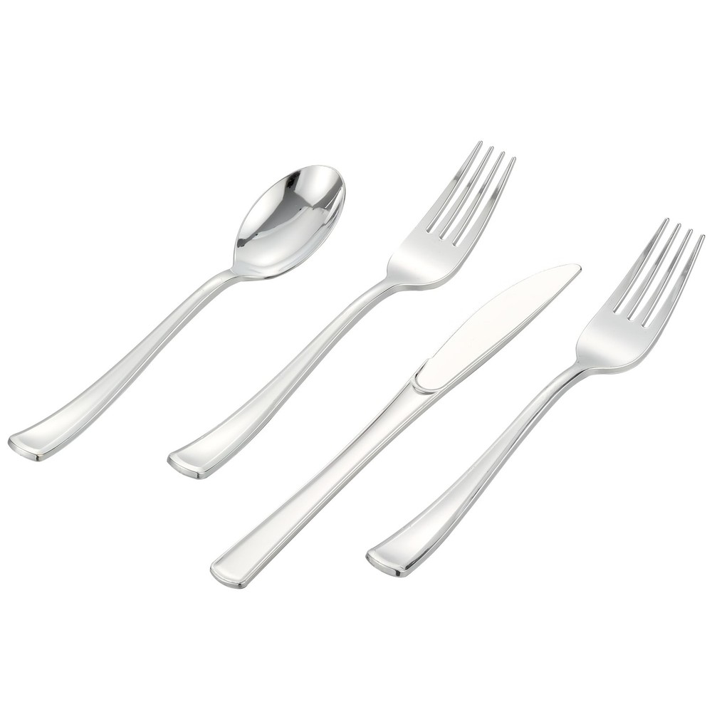400 PCS Silver Plastic Silverware Set,Disposable Cutlery Set Heavy Duty Flatw...