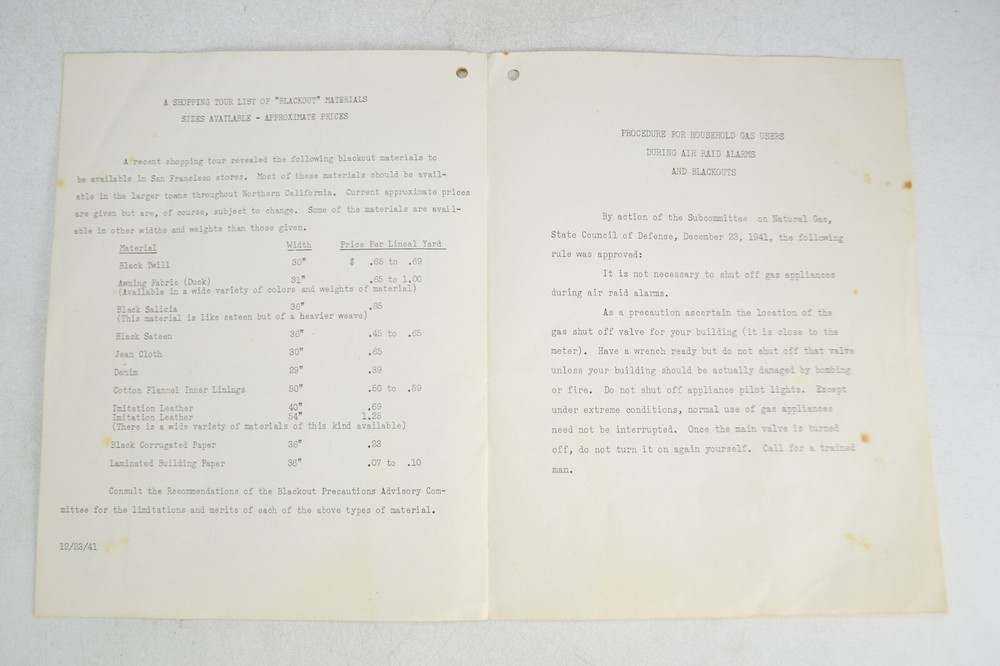 WWII Ephemera, 1941 Blackout Pointers, Air Raid Instruction, Pacific Gas & Elect