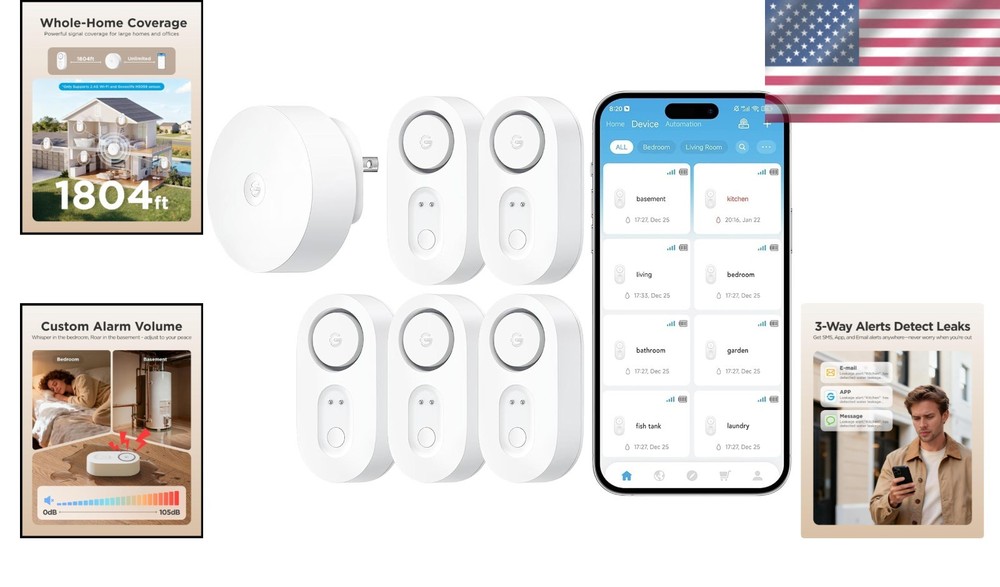 WiFi Water Leak Sensor: 1800ft Coverage, SMS/Email Alerts, 105dB Alarm - 5 Pack