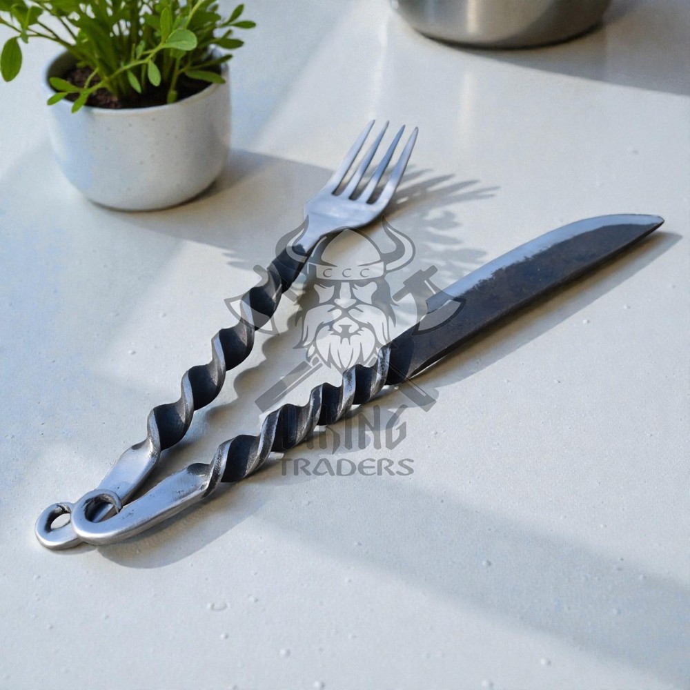 Hand Forged Medieval Iron Knife & Fork Set – Rustic Dining Cutlery
