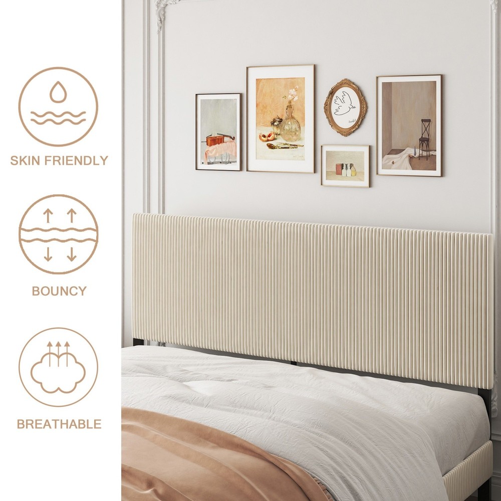 King Size Bed Frame Metal Platform Bed Frame w/ Bandaged Headboard Beige
