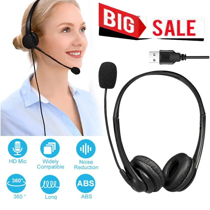 USB Headset Headphone  Microphone Noise Cancelling For PC Computer Call Chat LOT