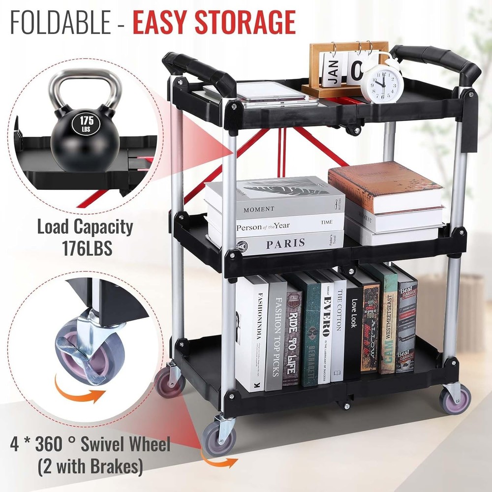 Folding Collapsible Service Cart with Wheels & 3 Tier Office Kitchen Restaurant