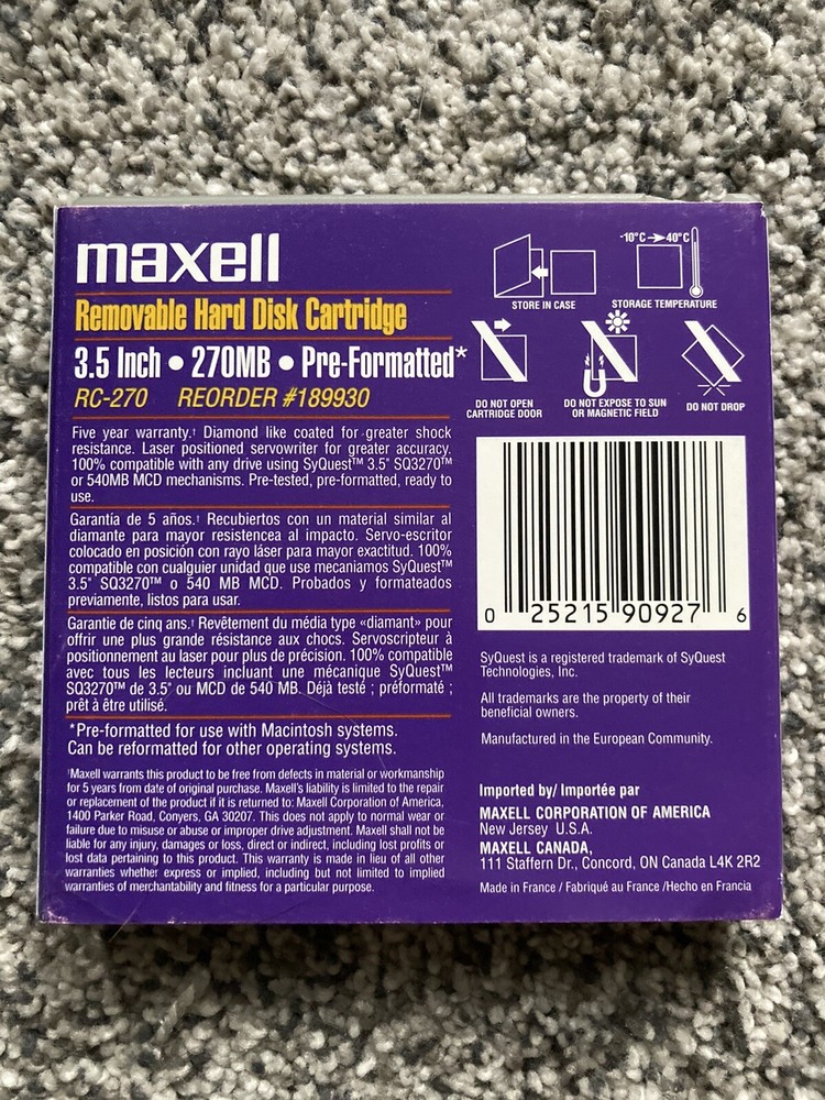 Maxwell 270 Megabyte 3.5” Removable hard disk Cartridge Pre-Formatted