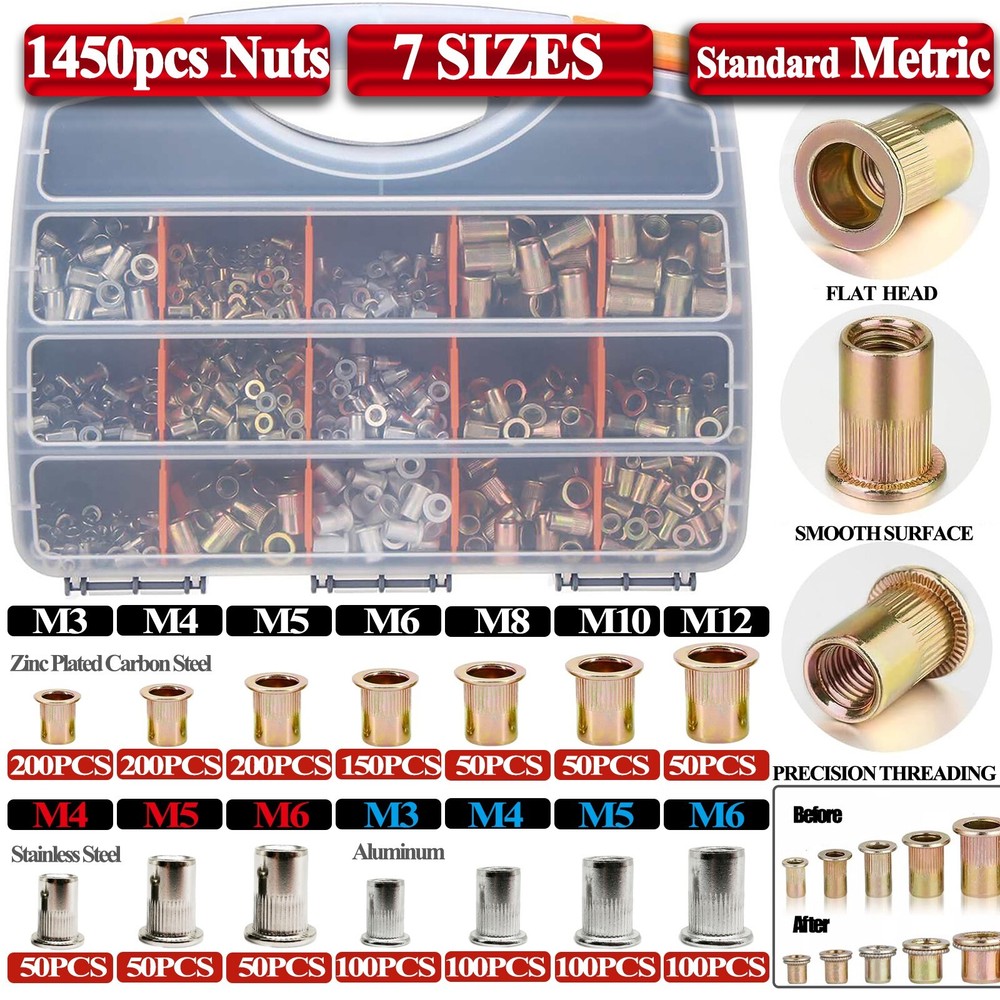 Rivet Nut Kit For Rivnut Setting Gun Nut Setter Tool Hand Blind Riveter 1450pcs