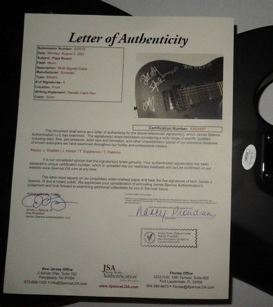 SIGNED PAPA ROACH AUTOGRAPHED SCHECTER GUITAR CERTIFIED AUTHENTIC JSA # XX02897