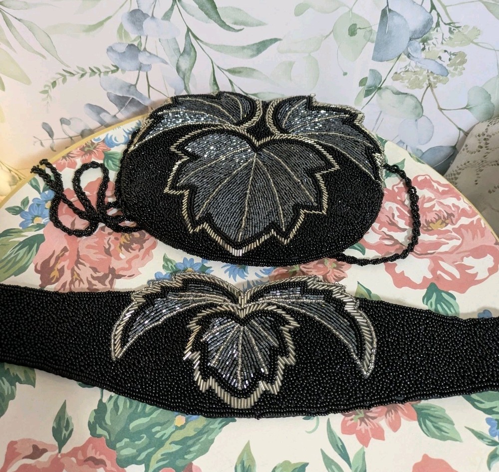 Vintage Black And Silver Ornate Beaded Leaf Pattern Purse & Matching Belt