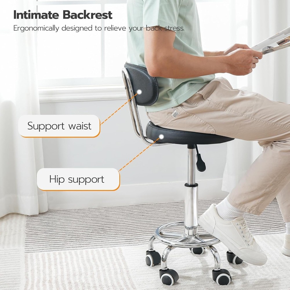 Height Adjustable Rolling Stool 360° Rotating Drafting Chair Multi-Purpose Black