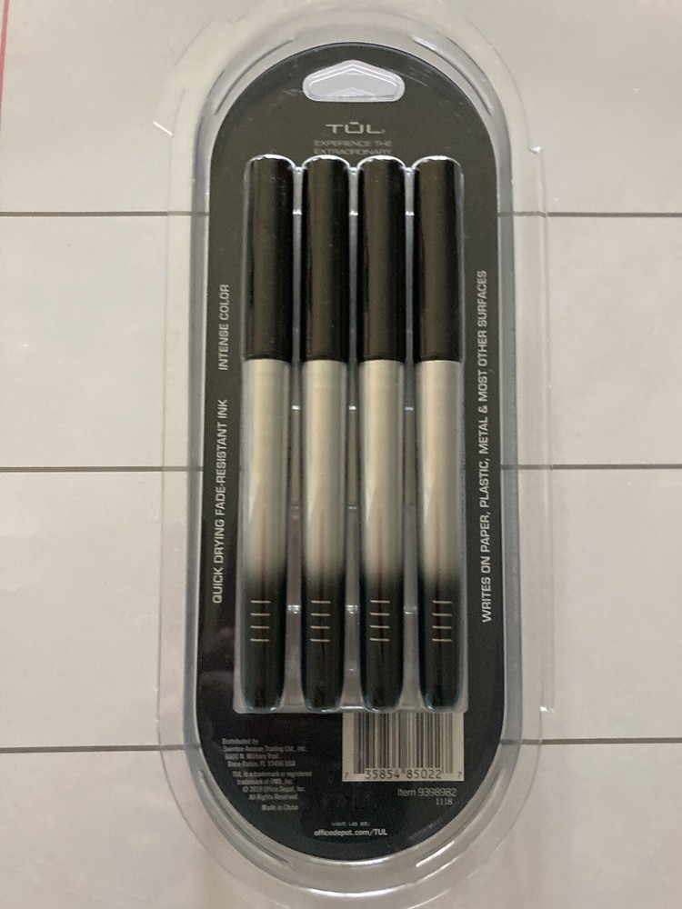TUL Permanent Markers, Fine Point, Silver Barrel, Black Ink, 4 Pack