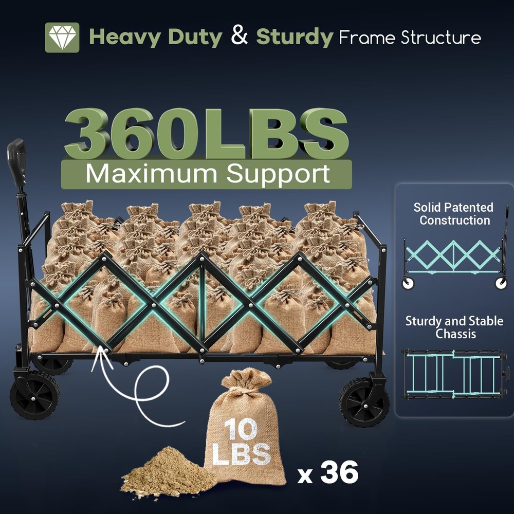 34'' Extra Long Collapsible Wagons Carts Foldable, 360LBS Heavy Duty Folding ...