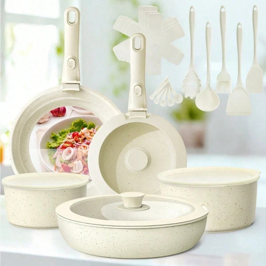 27pcs Ceramic Nonstick Cookware Set Removable Handles Induction Oven&Dishwasher