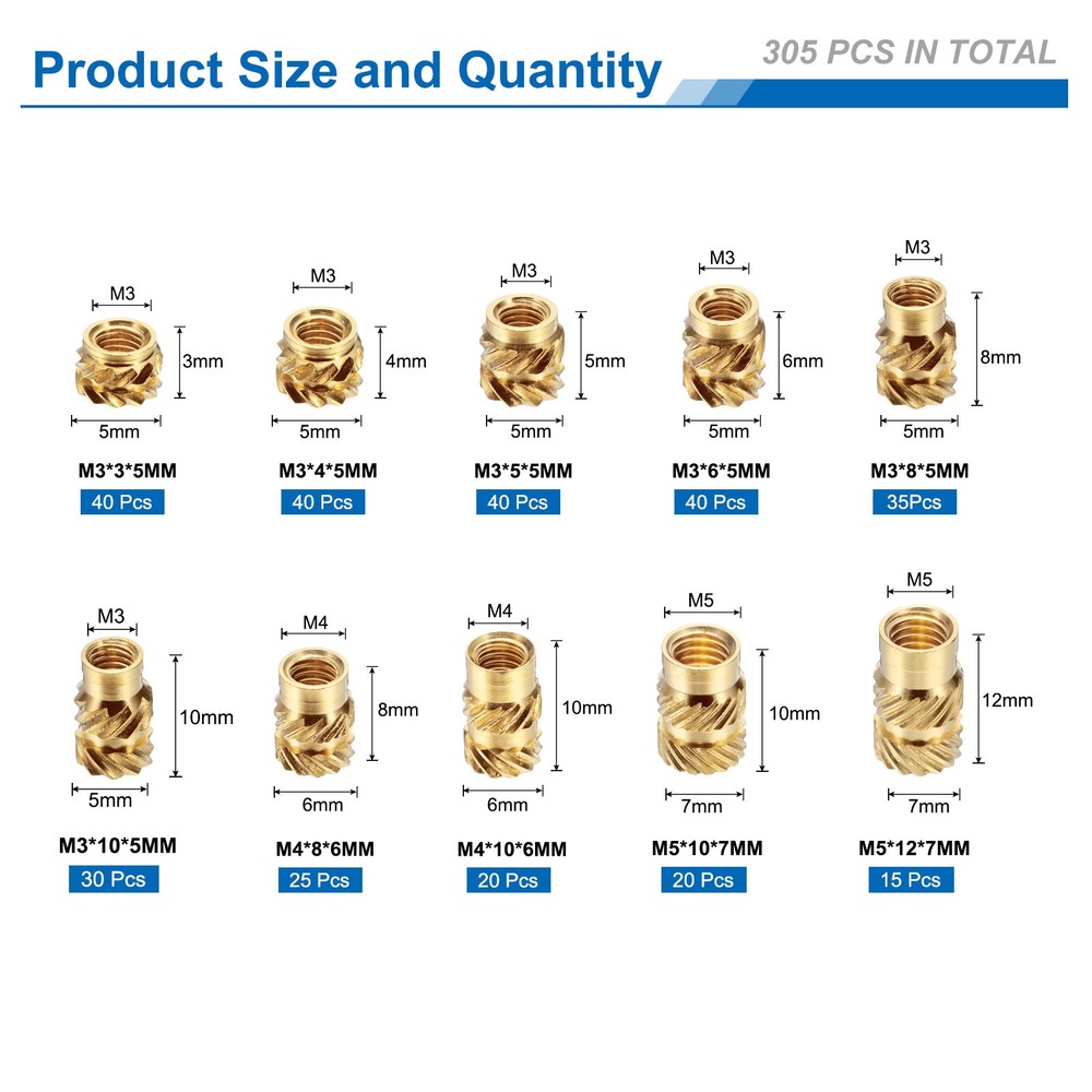 305pcs M3 M4 M5 Metric Threaded Inserts Brass Heat Set
