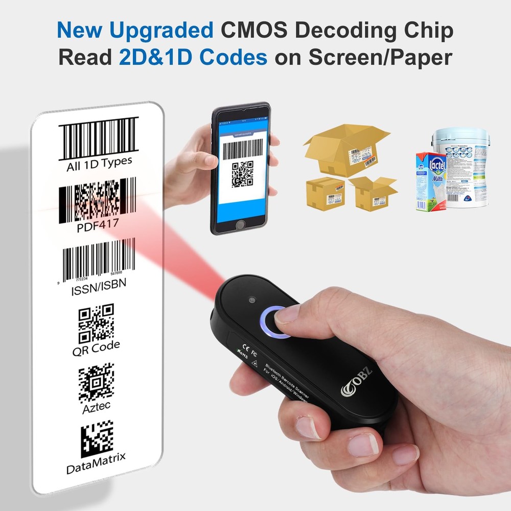 OBZ Mini Bluetooth Barcode Scanner, 2D Wireless Barcode Scanner, Versatile Po...