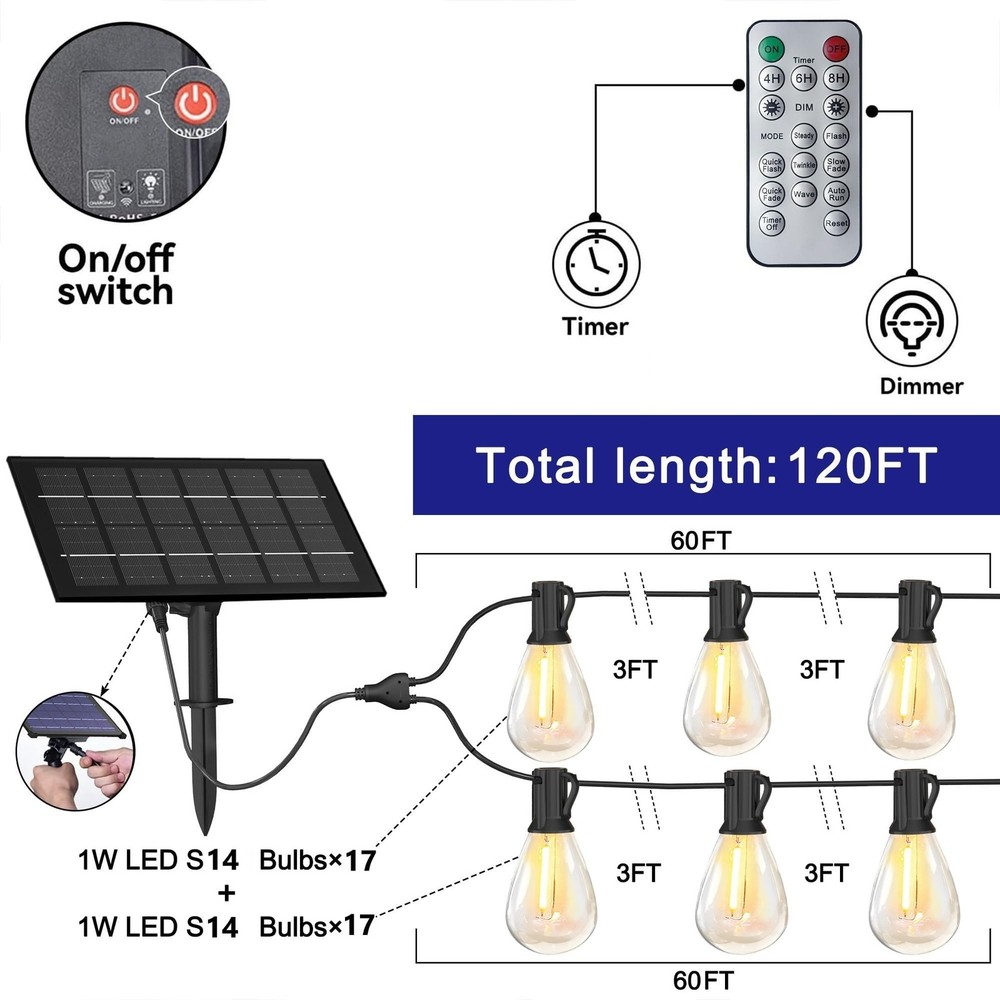 Solar String Lights for Outside 120FT with Remote 8 Lights Mode, Weatherproof...