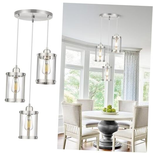 3-Light Pendant Lighting, Brushed 3 - Light, Ceiling Nickel - Clear Glass