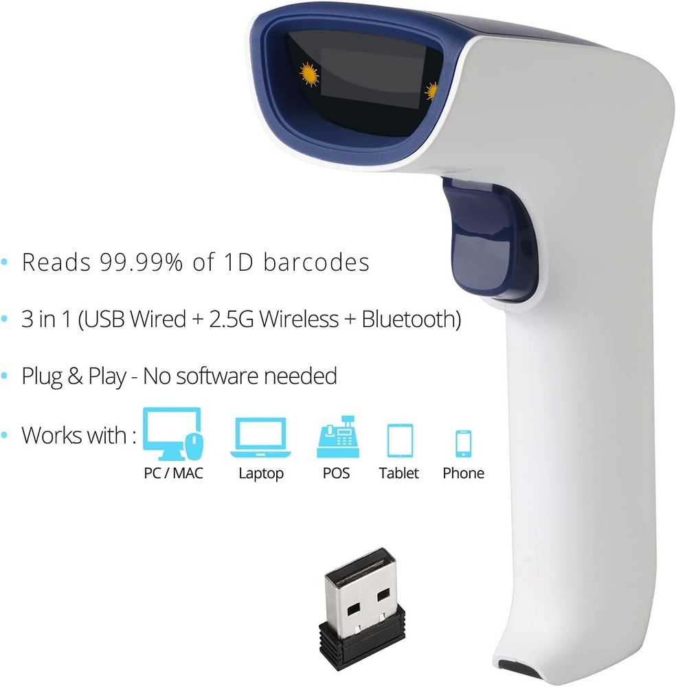 Wireless, Rechargeable Bluetooth 3-in-1 Handheld Barcode Scanner USB Barcode/QR