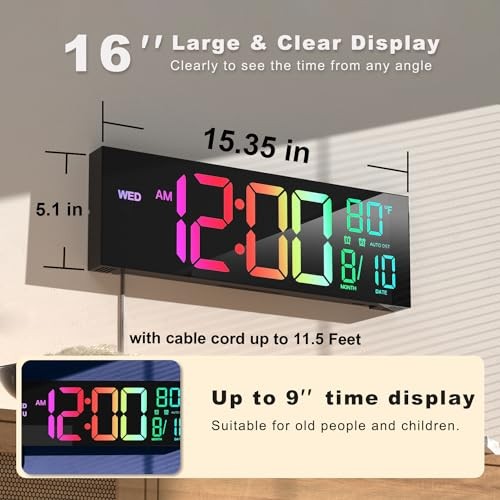 JALL 16" Large Digital Wall Mount Clock, Count Down Timer with 16 inches Black