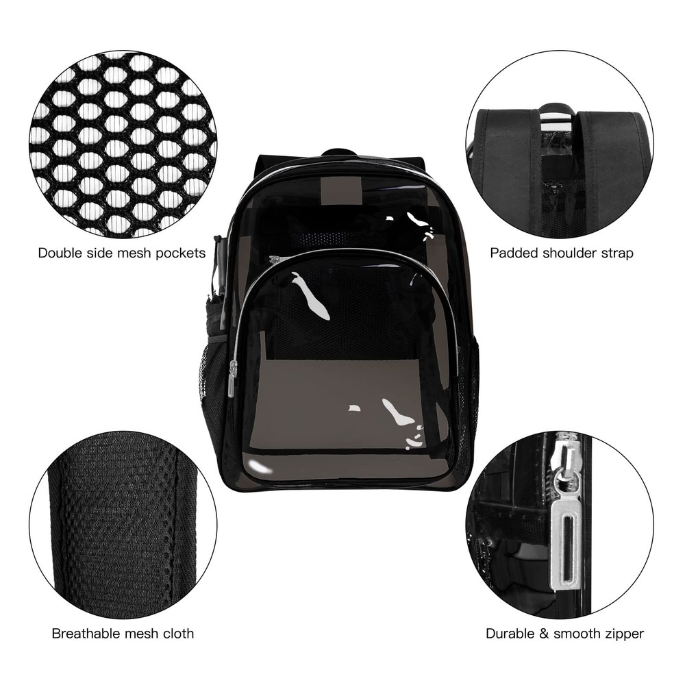 Clear Backpack Heavy Duty Transparent Backpack for Security Travel Work (Black)