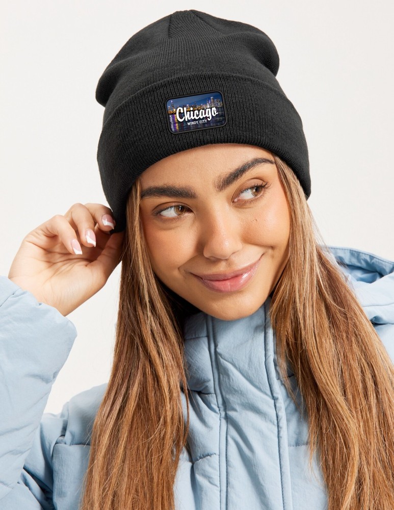 Chicago Skyline Windy City Patch Cuffed Knit Hat Black
