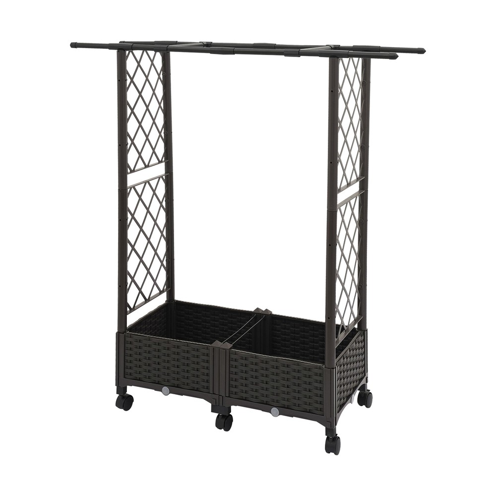 PP Planter Garden Box w/ 6 Wheels Grid-patterned Flower Box For Backyard Patio