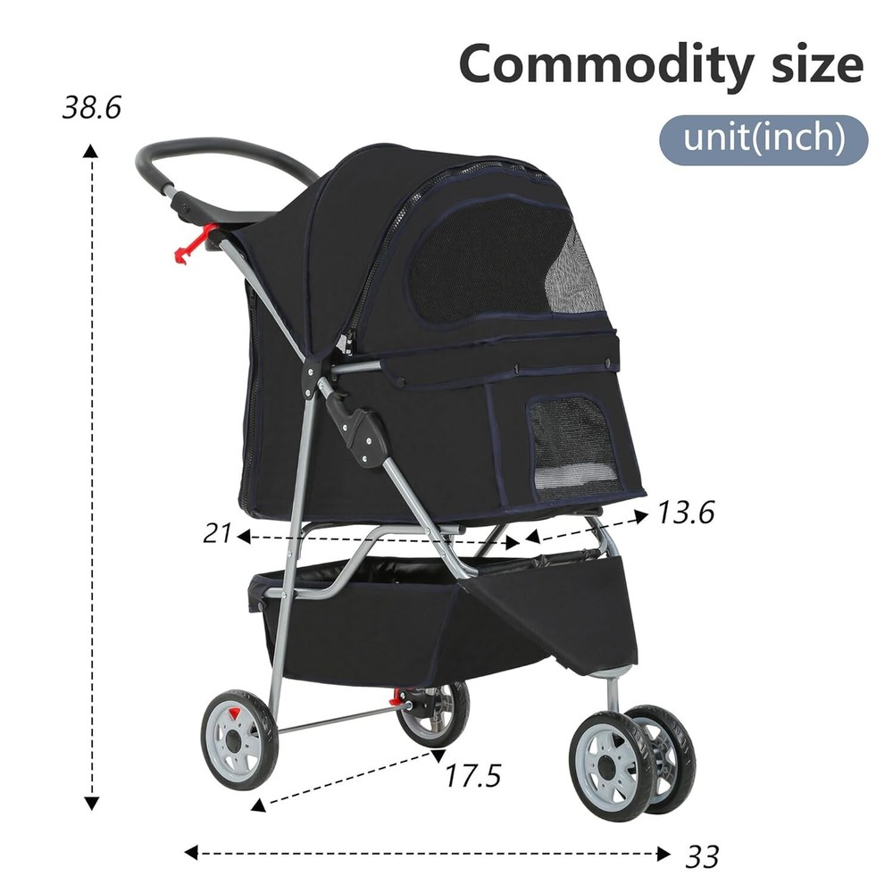 Luxury 3-Wheel Pet Stroller - Foldable Dog & Cat Stroller with Storage Basket