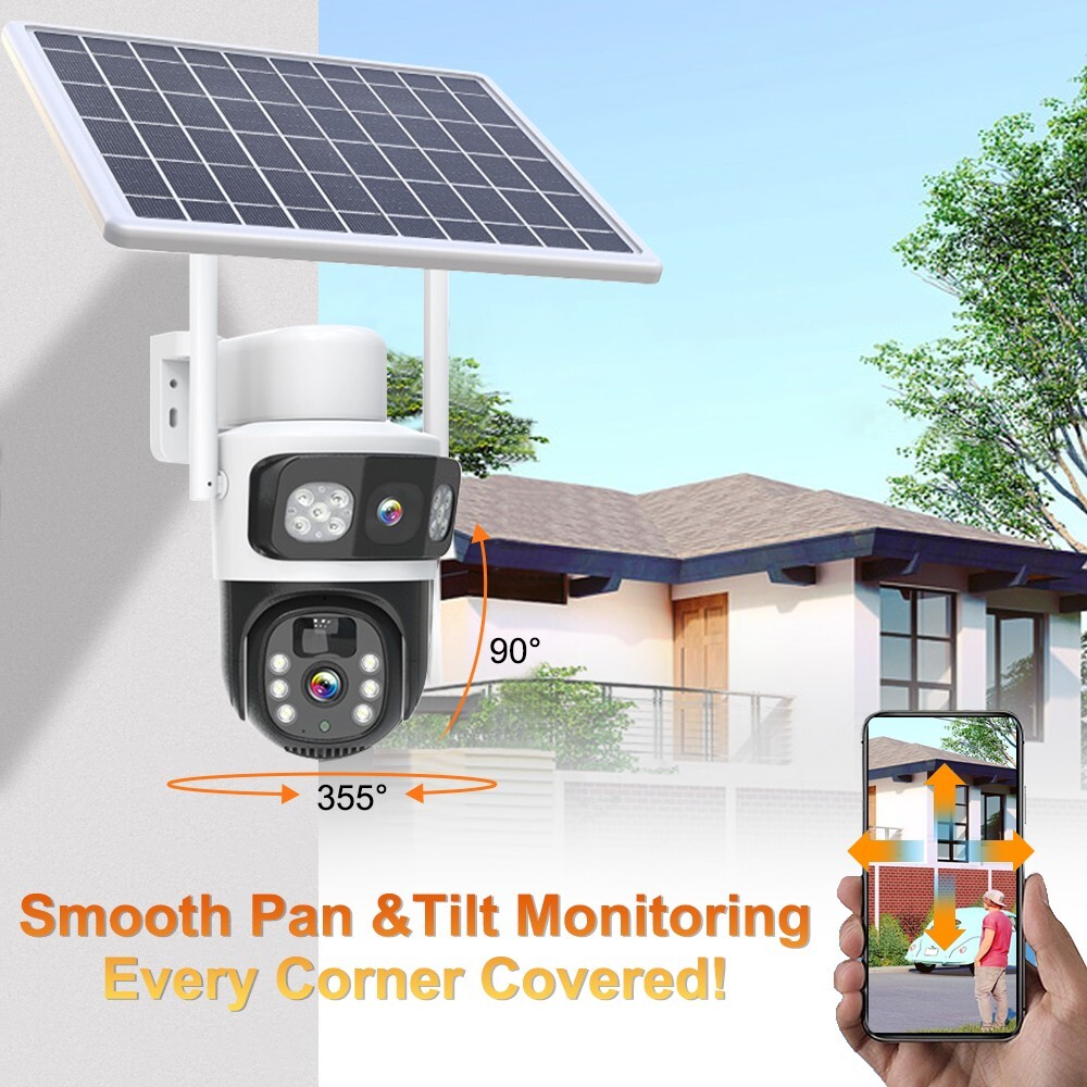 2PCS Solar 4MP Wireless Security Camera WIFI 2-Way Audio Dual-Lens PTZ Camera