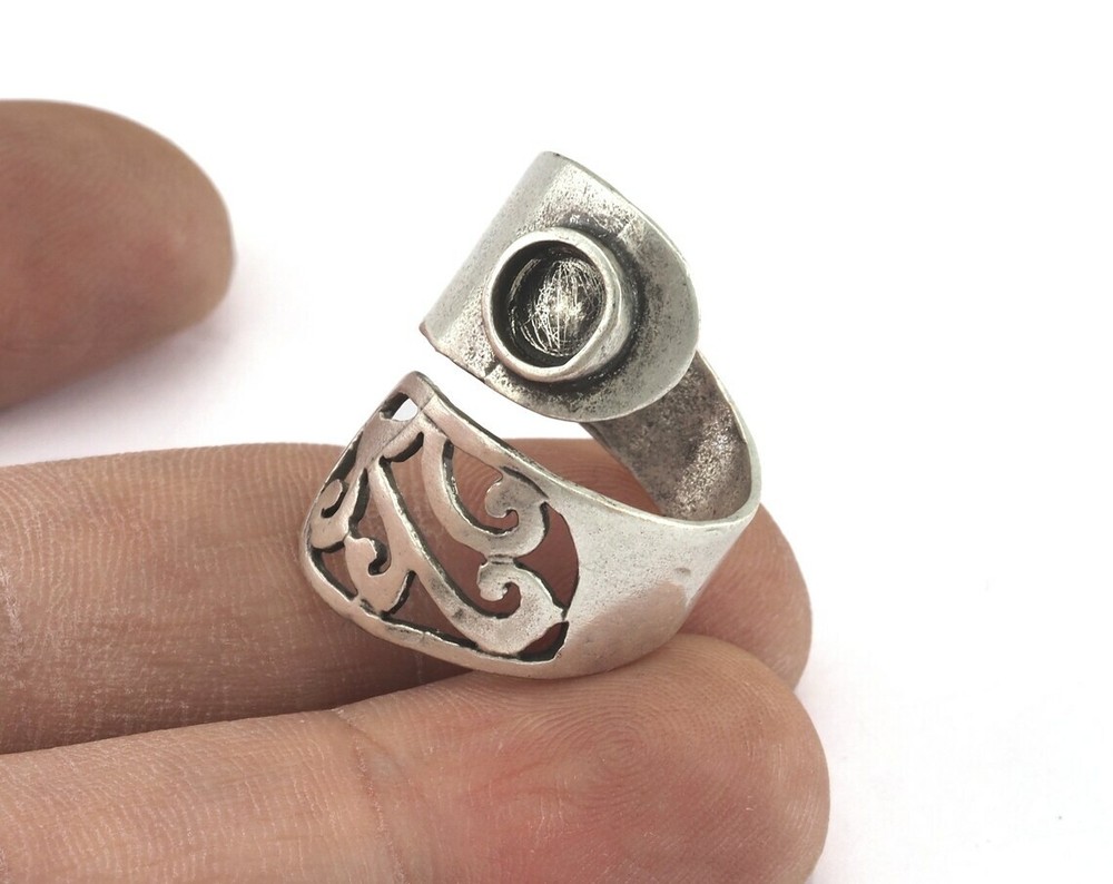 Ring Adjustable Ring Bezel - Antique Silver Plated brass 7.5US size 2839