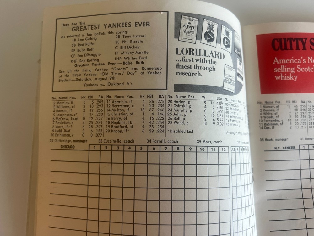1969 New York Yankees vs Chicago White Sox Program & Scorecard (Unscored)