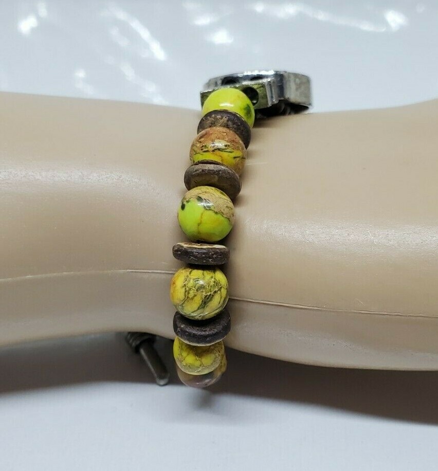 Green Brown Beaded Tree Design Bracelet 8" Marked KS