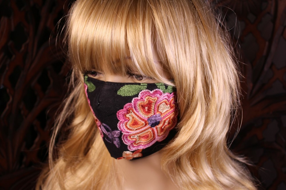 Embroidered Flower Face Mask Boho Comfortable Cotton with Adjustable Ear Loops