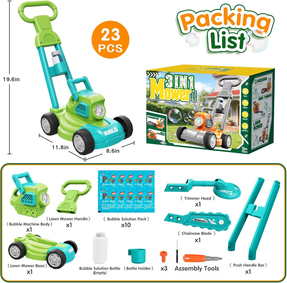 Bubble Lawn Mower for Kids, 3-In-1 Bubble Machine Blower with 10 Bubble Solution