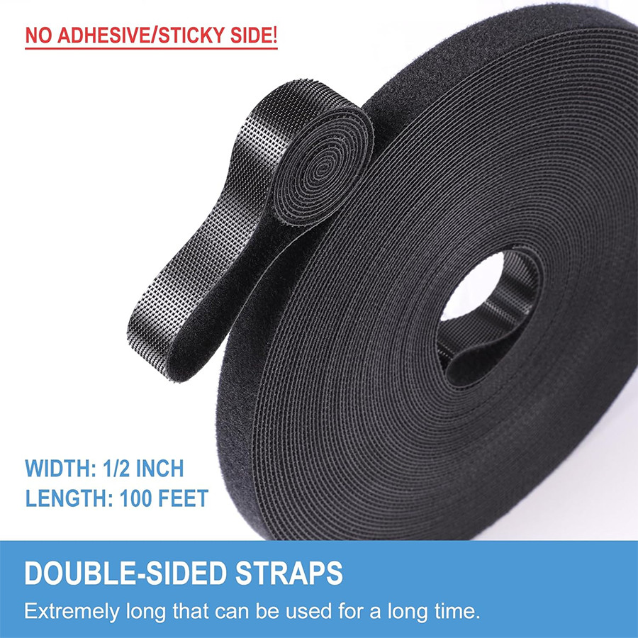 1/2in x 100ft Hook and Loop Roll | Double-Sided Strips, Self-Gripping Straps