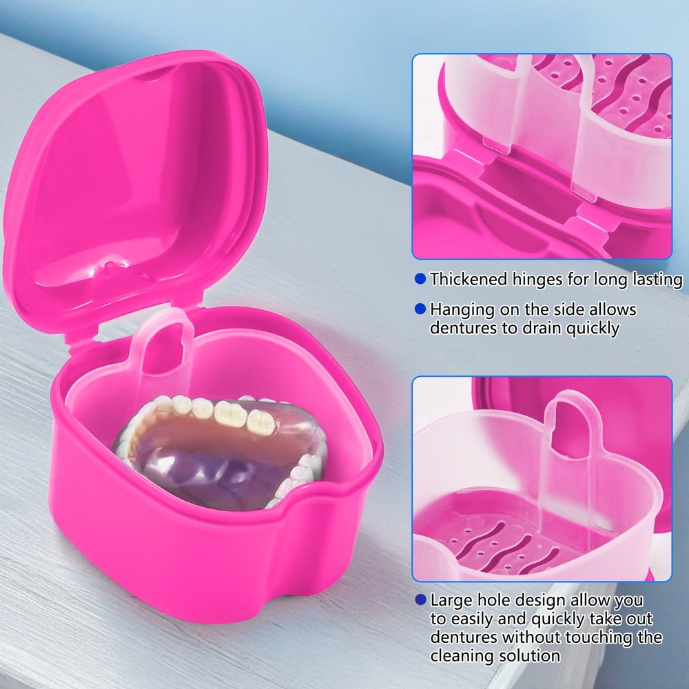 EZEELAI Denture Cup Retainer Cleaning Case False Teeth White & Rose Red