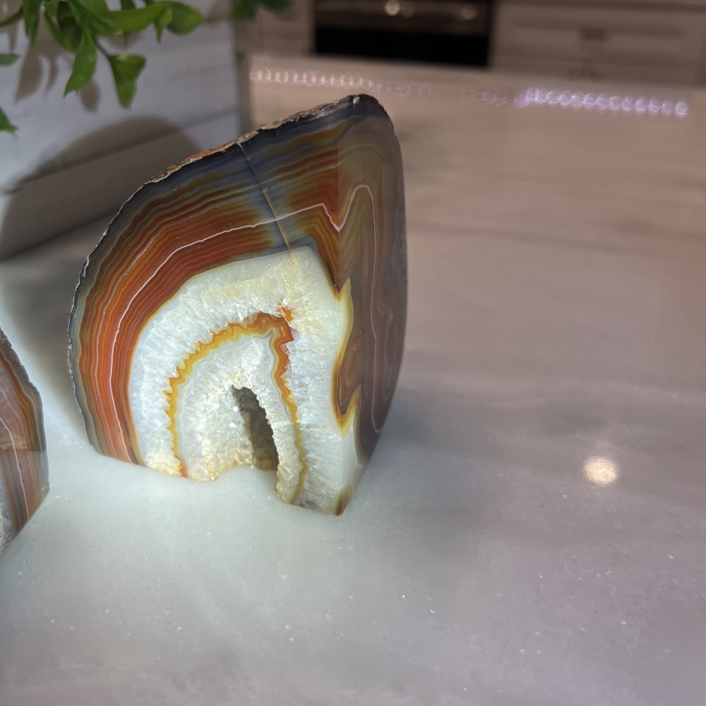 Vintage Agate Large Geode Rock Bookends Brown Rust White