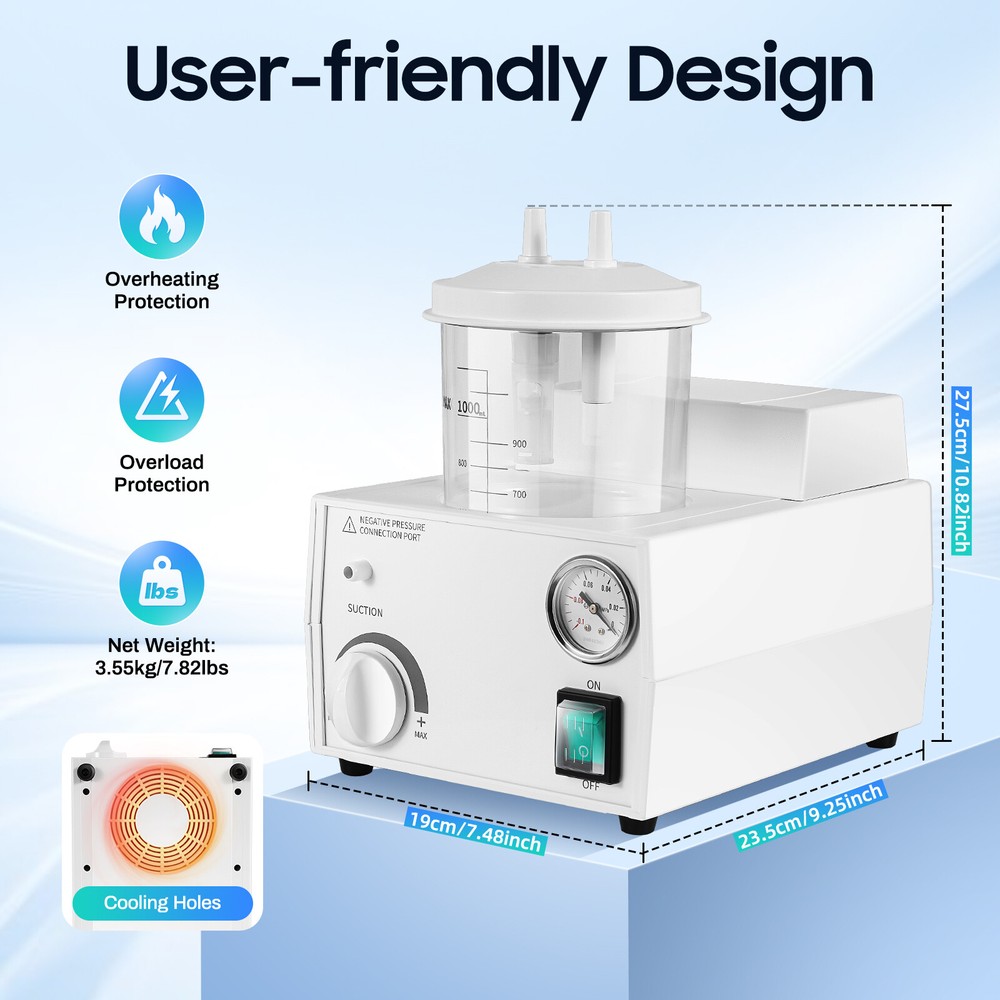 Portable suction machine with ≥11L/min flow rate, adjustable negative pressure