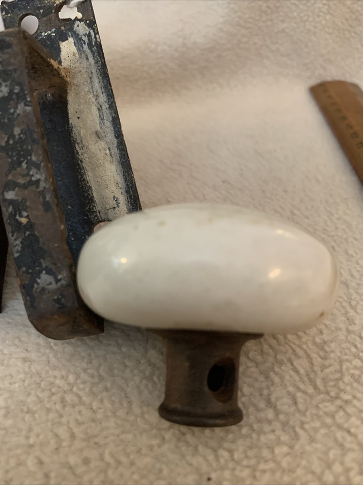 Antique Hand Wrought Iron Door Hardware Porcelain Knobs & Latch (INV#1)
