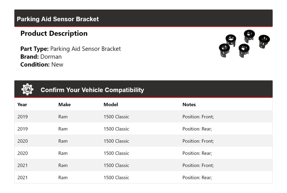For 2019-2021 Ram 1500 Classic Dorman Parking Aid Sensor Bracket 2020