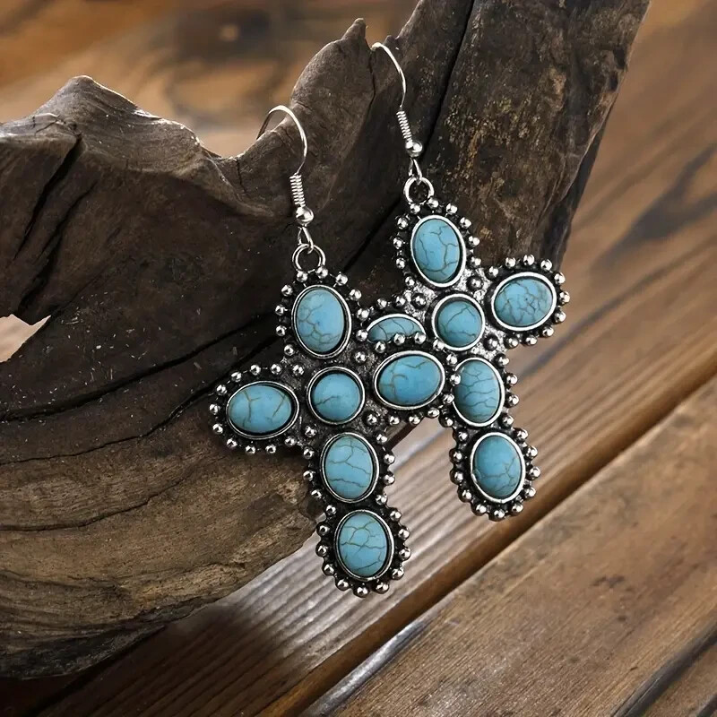 Turquoise Inlaid Cross Dangle Earrings Silver Tone