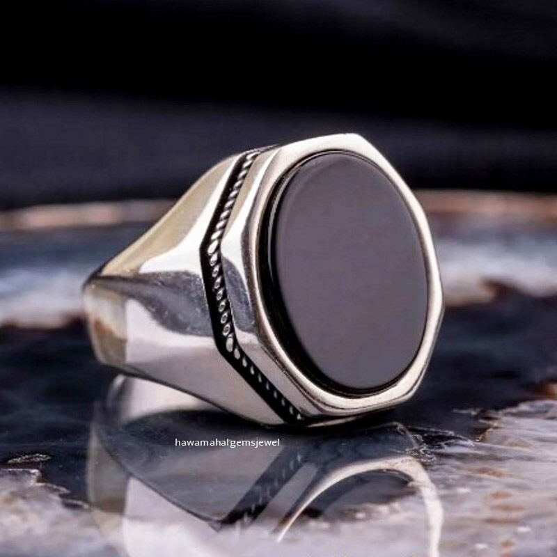 925-Sterling Silver Handmade Unique Gemstone Black Onyx Men's Ring Silver-Solid