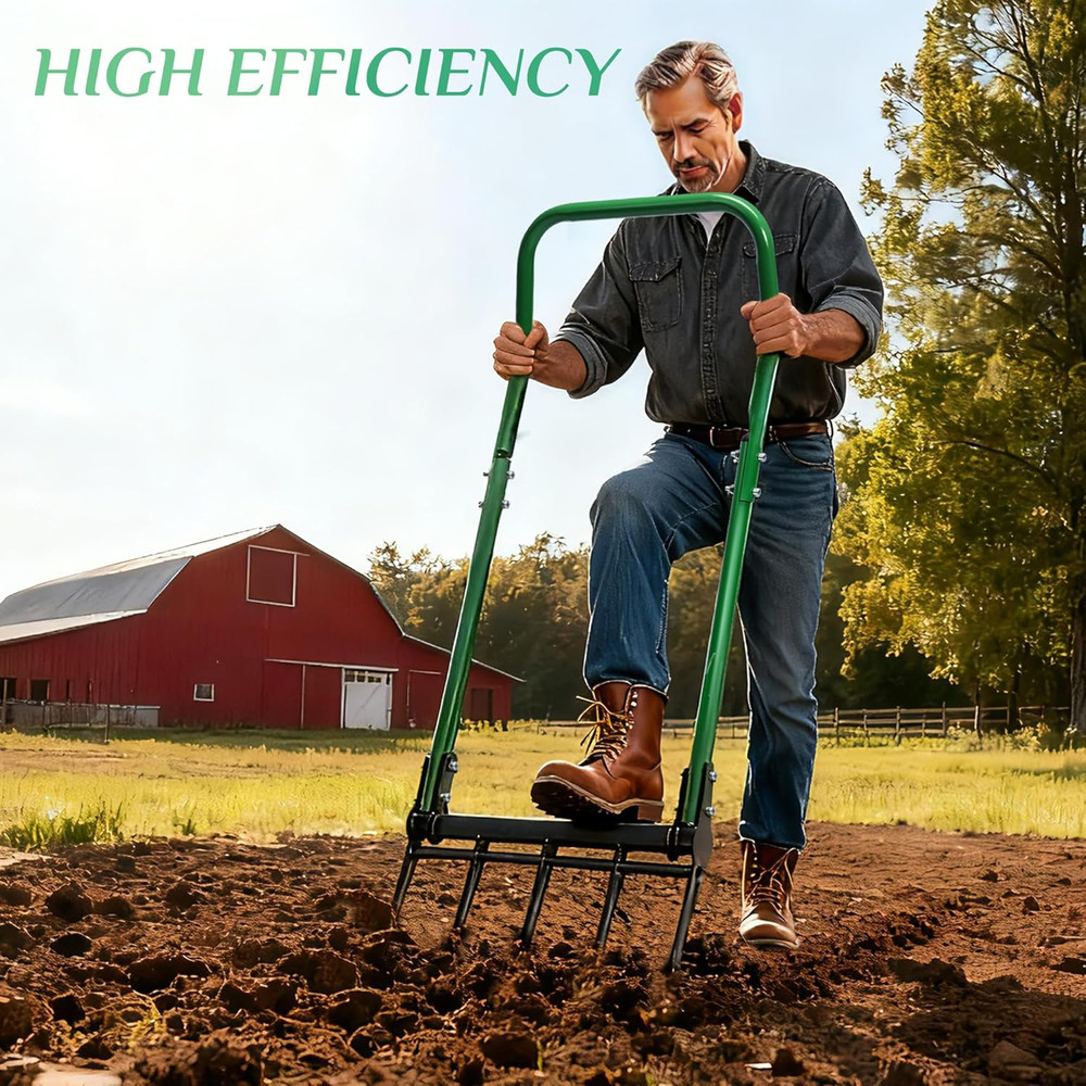 Broad Fork, Heavy Duty 5-Tine Garden Broadfork Hand Tiller, Digging Fork for Soi