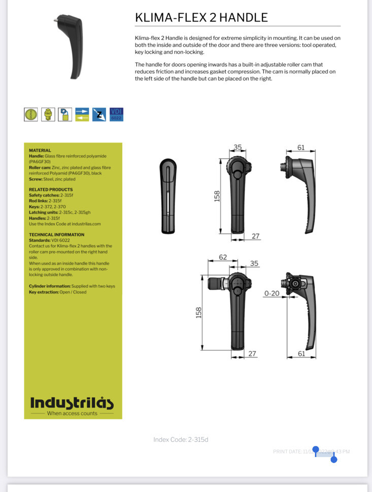 INDUSTRILAS KLIMA-FLEX OUTSWING HANDLE (NOV49)