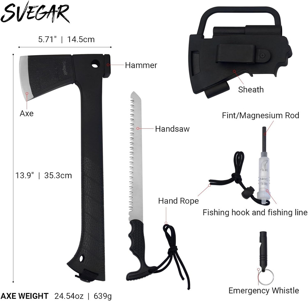 Camping Axe and Hatchet Multi-Tool – 14" Survival Outdoor Axe, Includes Handsaw,