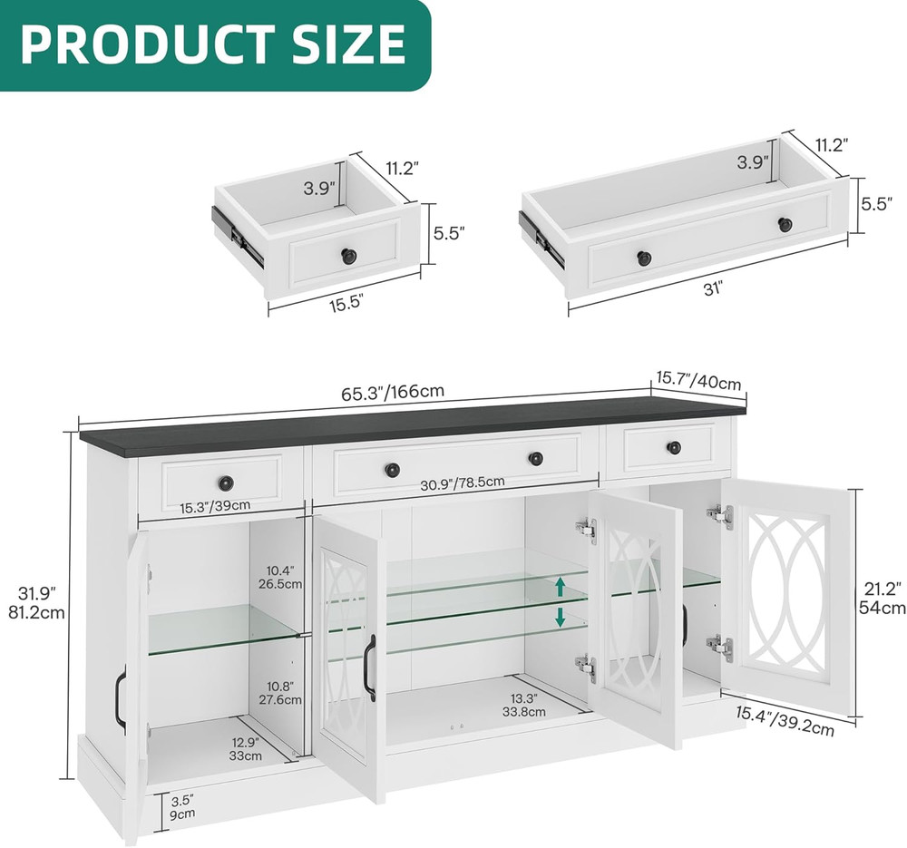 65" White Sideboard Buffet Cabinet with Glass Doors & Drawers