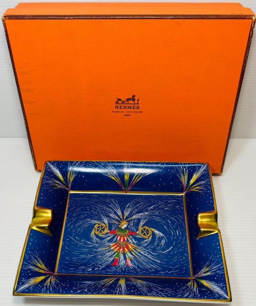 HERMES Ashtray blue gold with box