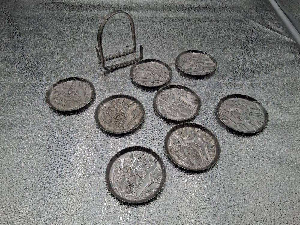 Hammered Aluminum 8 Coaster Set with Carrier - Cabbage Rose Design
