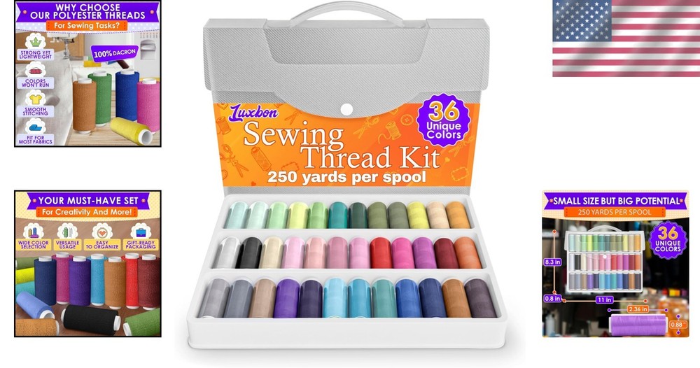 Versatile Sewing Thread Collection 36 Colors 250 Yards Strong Polyester Spools