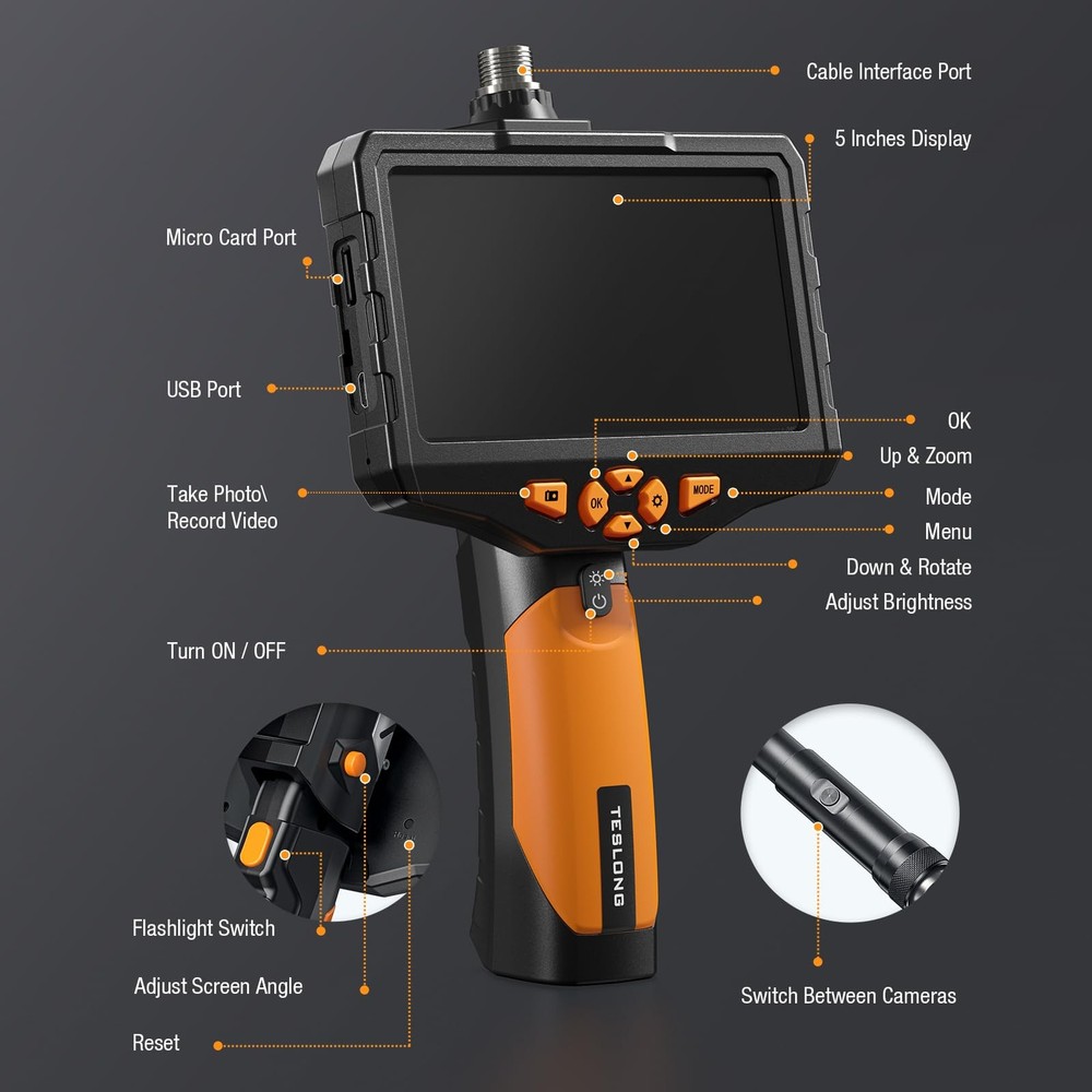 Triple Lens Borescope Inspection Camera, Professional Endoscope with Light, D...