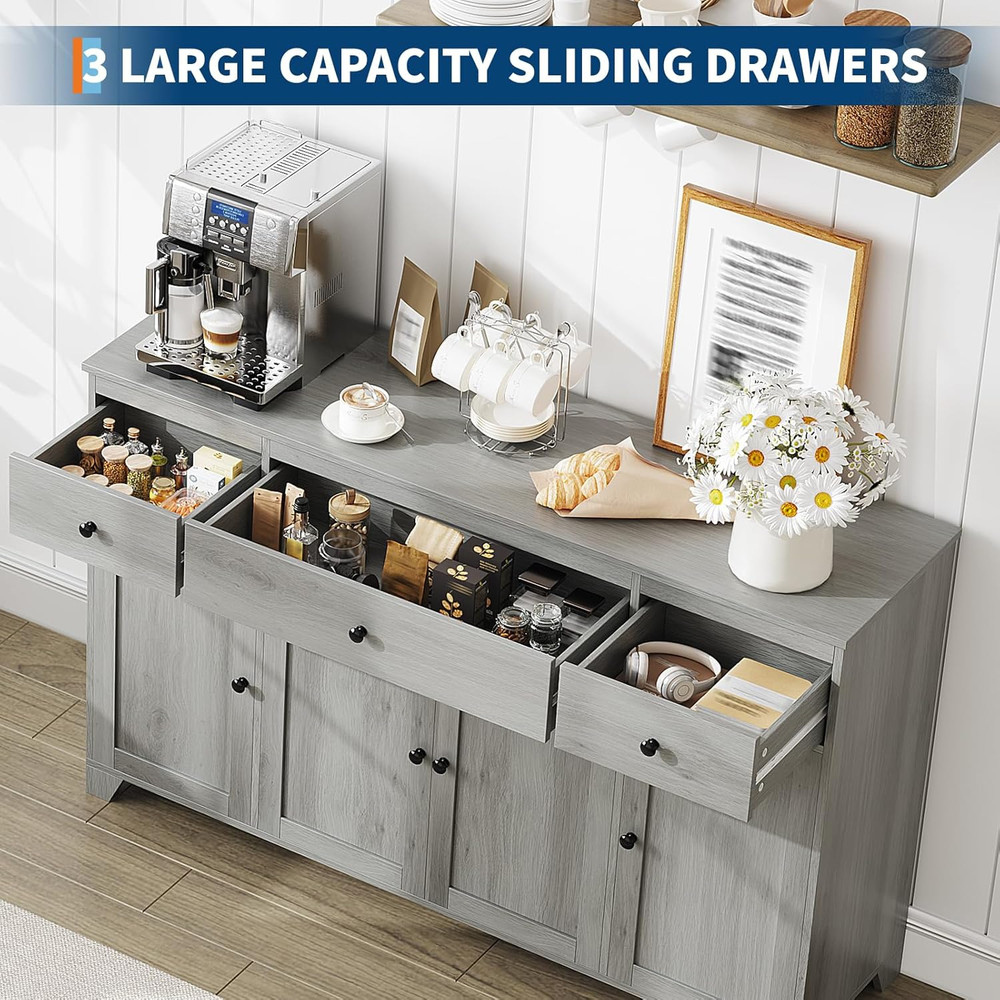 55" Grey Buffet Cabinet with Drawers & Shelves for Kitchen & Dining