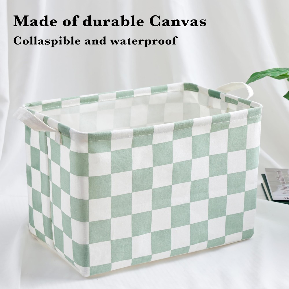 Sage Green Checkered Canvas Basket, Rectangular Organizing Decorative Storage...