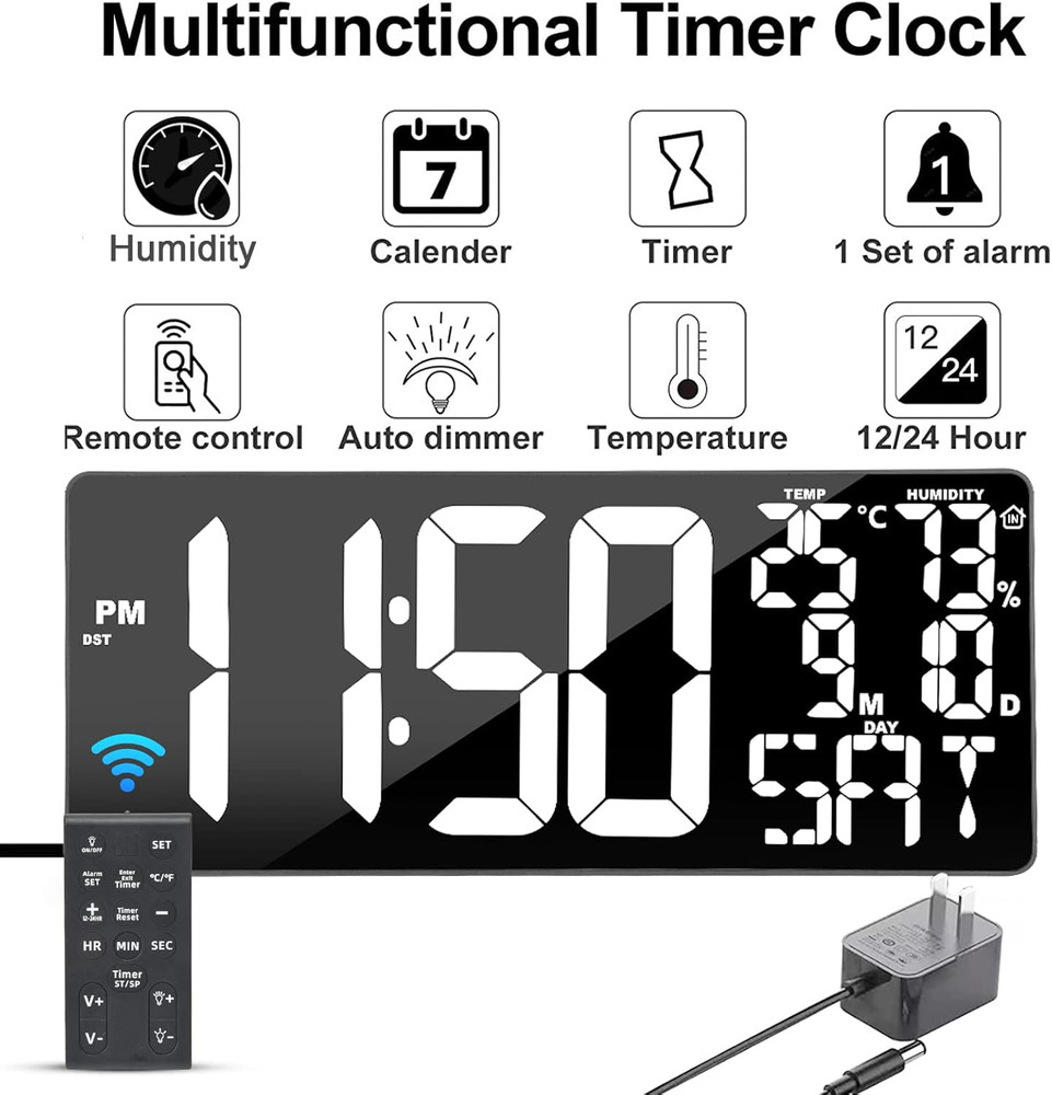 18 Inch Oversized Digital Wall Clock with Remote Control, Auto-Dimming, Temperat